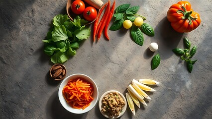 Fresh Asian ingredients arranged on a rustic stone surface, top-down view.