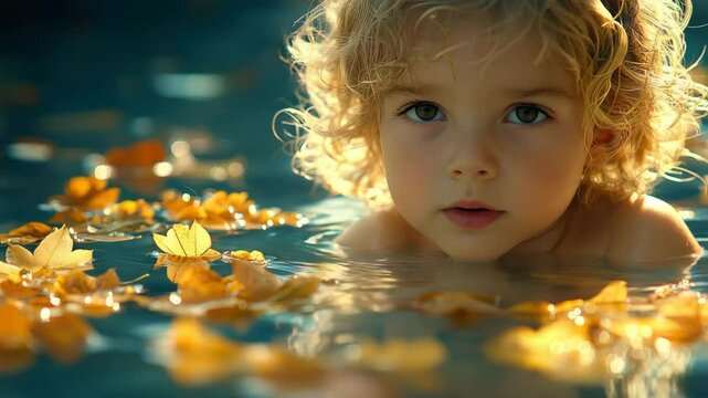 Peaceful child floating in autumn leaves pool