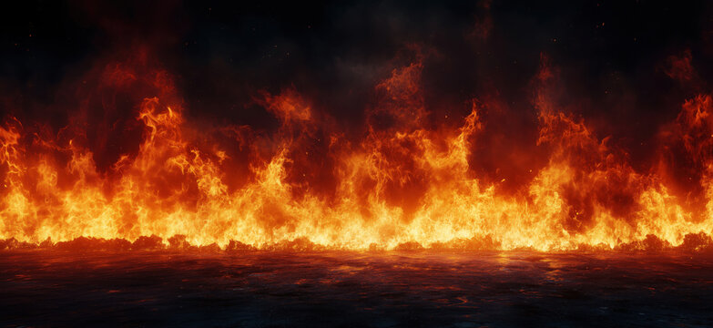 Intense flames creating a dramatic fire wall against a dark background.