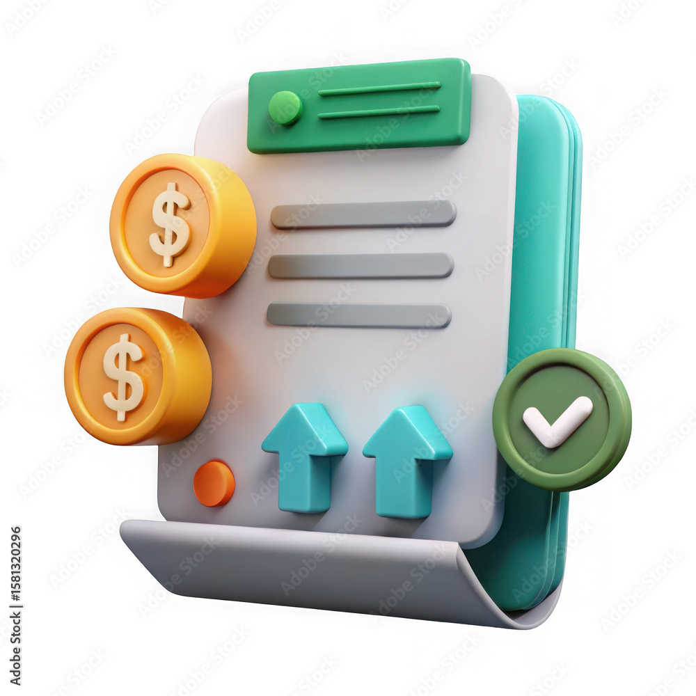 Poster 3d financial report with coins and upward arrows isolated on transparent background