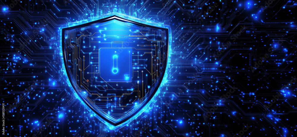 Aufkleber digital shield symbolizing cybersecurity with glowing circuits and blue lights.