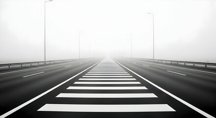 Roadway Perspective Disappearing Into The Distant Fog Leading Through An Asphalt Crossing