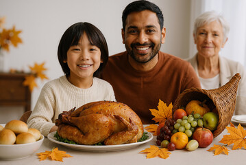 Smiling family celebrating thanksgiving with roasted turkey and autumn decorations enjoying festive meal together