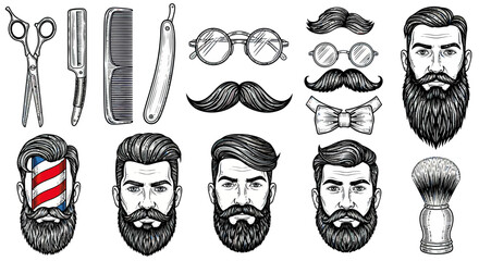 Black and White Beard and Mustache Grooming Tools and Male Hairstyles Illustration Set
