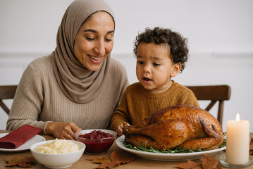 smiling mother and toddler enjoying thanksgiving dinner with roasted turkey and cranberries at cozy family gathering