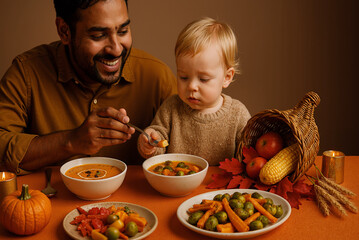 smiling father feeding toddler son at thanksgiving dinner table with vegetables, pumpkins and warm autumn colors, family bonding moment
