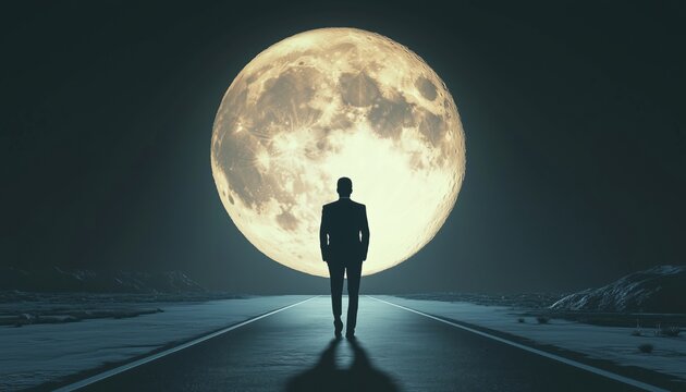 Businessperson'S Silhouette Walking Towards The Lunar Horizon On The Road At Night With A Dramatic Sky Background. - Powered by Adobe