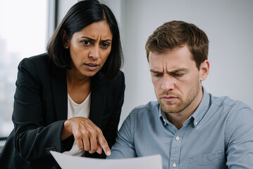 concerned businesswoman discussing important document with focused male colleague in modern office setting
