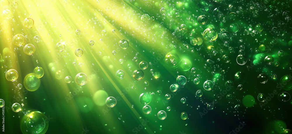 Aufkleber bubbles floating in green underwater light with rays and sparkles.