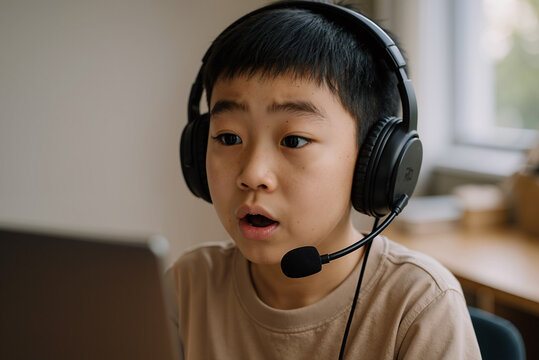 Curious young boy with headphones engaged in an online learning session, expressing concentration and interest