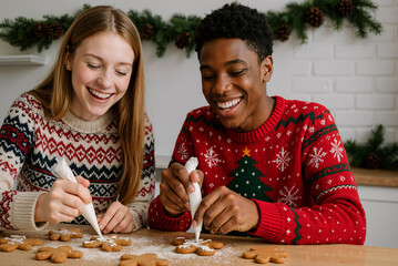 Young couple decorating gingerbread cookies with icing in a festive kitchen, smiling and enjoying holiday preparations during cozy winter afternoon