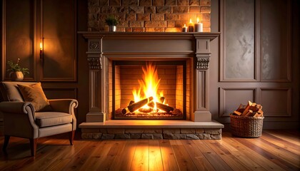 Cozy fireplace in a rustic living room
