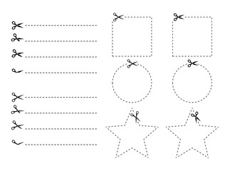 Set of scissors icons with dotted lines and geometric shapes.
