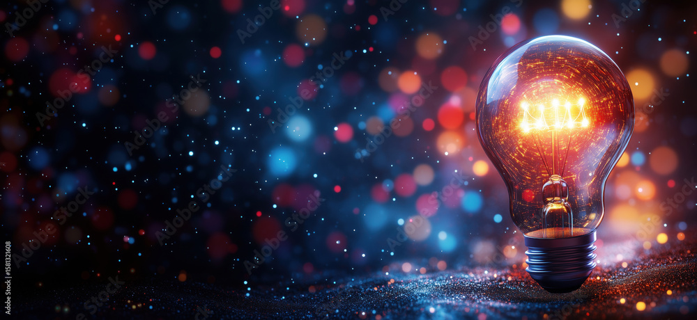 Poster glowing light bulb with vibrant bokeh background creating a magical atmosphere.