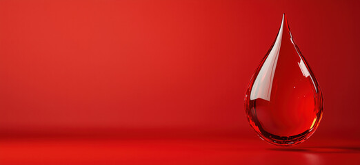 Obraz premium Red glass teardrop on vibrant red background showcasing elegance and simplicity.