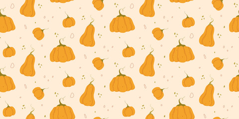 Orange pumpkin seamless pattern on beige background. Vector background for textile, print, card, banner, wrapping paper, autumn and harvest festival design