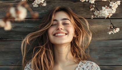 Joyful Young Woman Smiling And Delighting In Front Of A Wooden Wall On A Bright Spring Day With Beautiful Scenery.