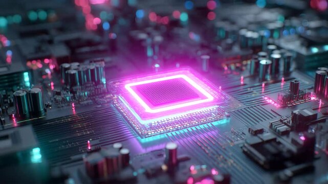 プロセッサが冷却ミストと発光する回路室で輝く