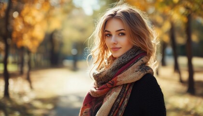 Stylish Vintage Scarf Adorns Beautiful Young Woman Strolling In The Park On An Autumn Day, Embracing The Season'S Beauty.
