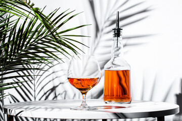 Delicate glass of French cognac with a bottle and leafy decorations on a bright surface
