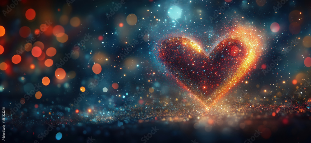 Poster glowing heart shape with colorful bokeh lights and sparkling effects.