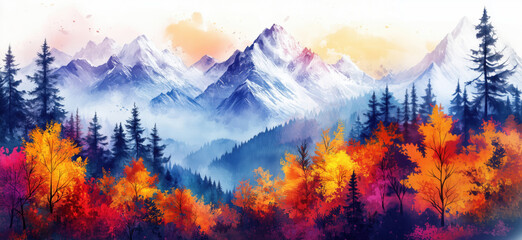 Vibrant autumn landscape with colorful trees and majestic mountains.