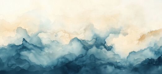 Abstract watercolor clouds in shades of blue and beige with soft gradients.