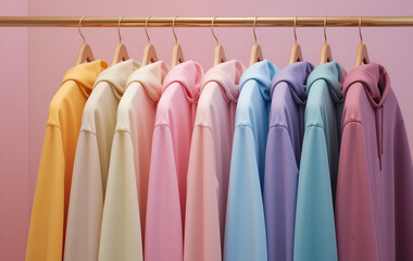 Colorful Hoodies Hanging on Pink Wall Clothing Rack

