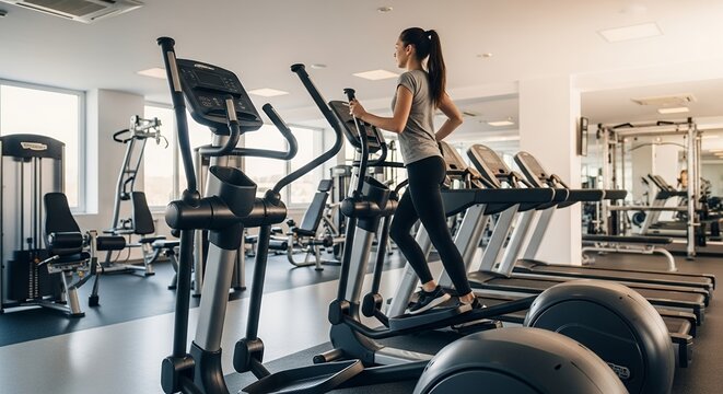 Woman exercising on elliptical machine in gym fitness workout