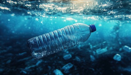 Plastic Bottle Floating In Water: A Sign Of Ocean Pollution And Global Warming Seen Underwater, Highlighting Environmental Concerns.