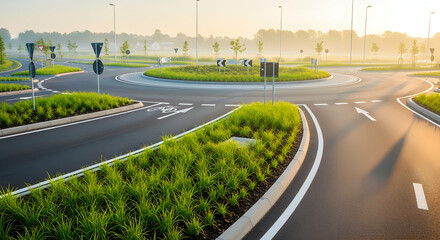 Scenic early morning view of roundabout with manicured green grass verges and trees