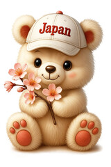 White plush cute teddy bear with a sakura branch in his paws and a baseball cap with the inscription "Japan". Children's cartoon illustration on a transparent background