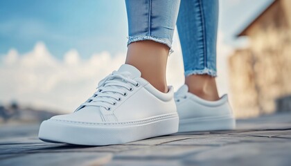 Close-Up View Of Stylish White Sneakers On Women'S Feet. Trendy Fashionable Footwear For Women In A Close-Up Shot. Aesthetic And Chic.