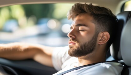 Sleepy Young Man Drives Car On White Road While Tired And Fatigued. Risk Of Drowsy Driving And Potential Danger Ahead.