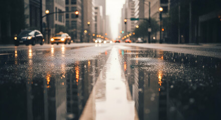Rainy Cityscape Reflections On Wet Asphalt Street In Chicago Illinois Usa