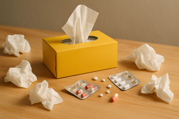 Tissues and medicine on wooden table during cold or flu