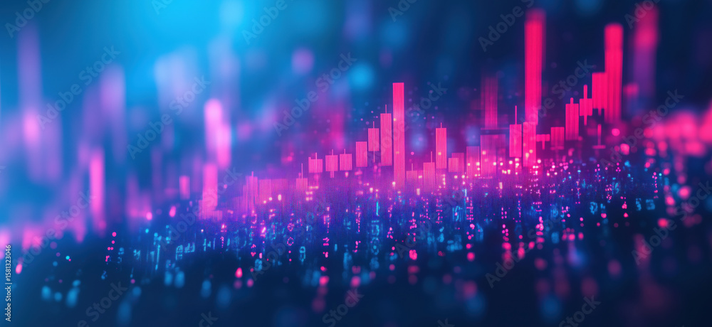 Poster colorful abstract data visualization with glowing bars and dots in blue and pink tones.