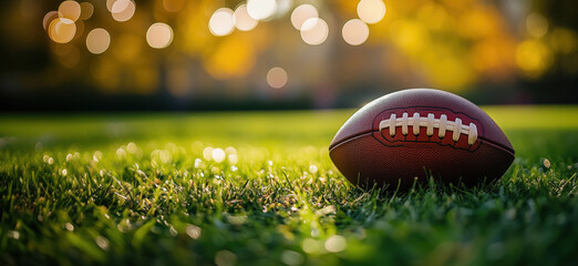 American football resting on grass field with autumn bokeh background.