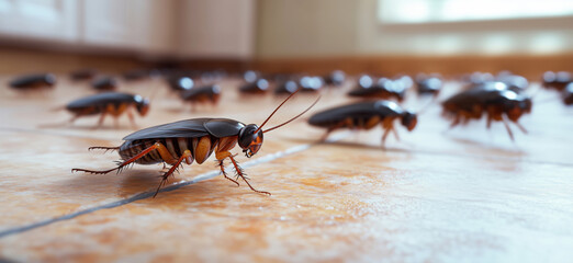 Infestation of Cockroaches Crawling on Kitchen Floor in Residential Setting.