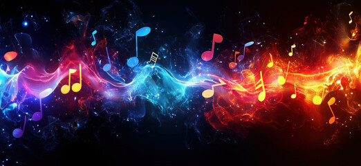Colorful musical notes flowing through vibrant waves of light and energy.