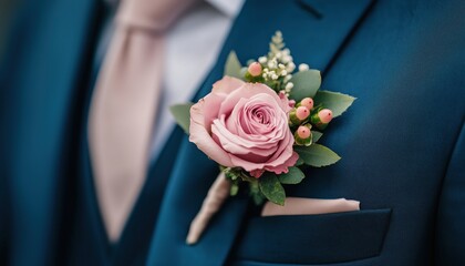 The Groom Is Holding A Pink Rose Boutonniere In His Hand, Wearing A Men'S Suit For The Wedding Visiting Ceremony
