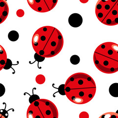 Obraz premium Seamless Ladybug Pattern White background with black and red dots. Seamless ladybug pattern. isolated. Ideal for fabrics, wallpapers and nature-themed designs