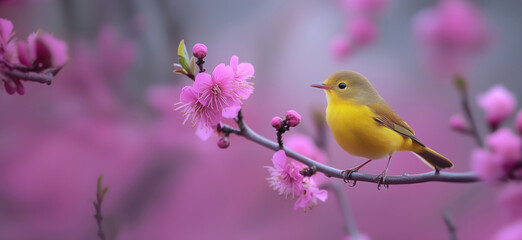 Yellow bird perched on branch surrounded by pink blossoms in springtime setting.