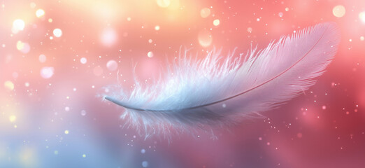 Delicate white feather floating against dreamy pastel background with bokeh lights.