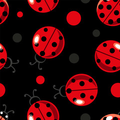 Seamless vector Pattern with funny red lady bird in black background with Gray and red dots. Seamless ladybug pattern. isolated. Ideal for fabrics, wallpapers and nature-themed designs