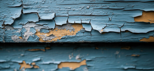 Close-up of peeling blue paint revealing textured layers and colors underneath.
