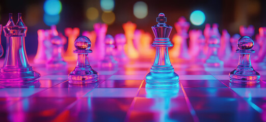 Colorful chess pieces illuminated in vibrant neon lights on a chessboard.