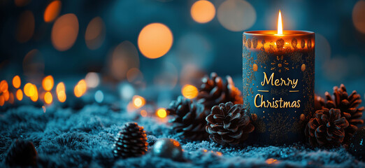 Merry Christmas candle with pine cones and festive bokeh background.