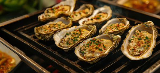 Grilled oysters topped with garlic and herbs on barbecue grill.