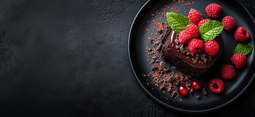 Decadent chocolate cake topped with fresh raspberries and mint leaves on black plate.